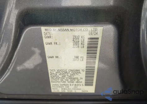 2014 Nissan Altima 2.5/2.5 S/2.5 Sl/2.5 Sv z USA, uszkodzony, nr VIN 1N4AL3AP6EN374055